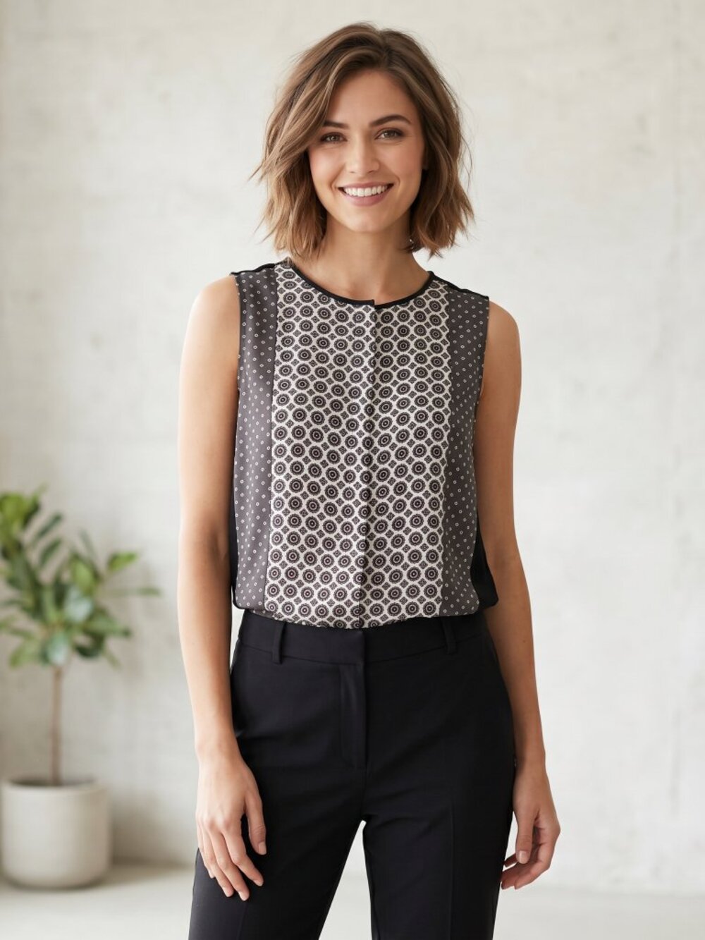 Loft Tile Print‎ Mosaic Top Black White L Sleeveless Office Siren Corporate Boho